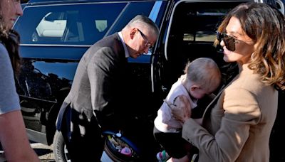 Alec and Hilaria Baldwin arrive at court with baby before jury selection begins in trial