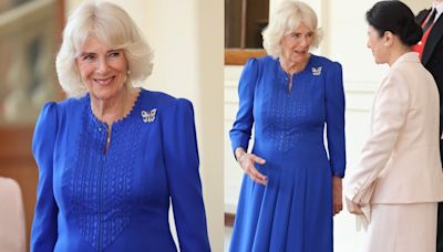 Queen Camilla Favors Sapphire Dress With Exaggerated Shoulders for Final Day of the Emperor and Empress of Japan’s State Visit