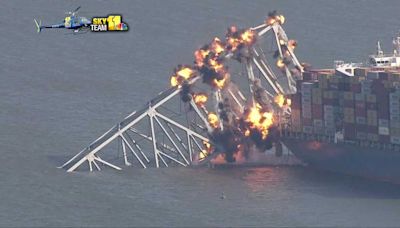 Key Bridge demolition: Explosives detonated, part of truss remains