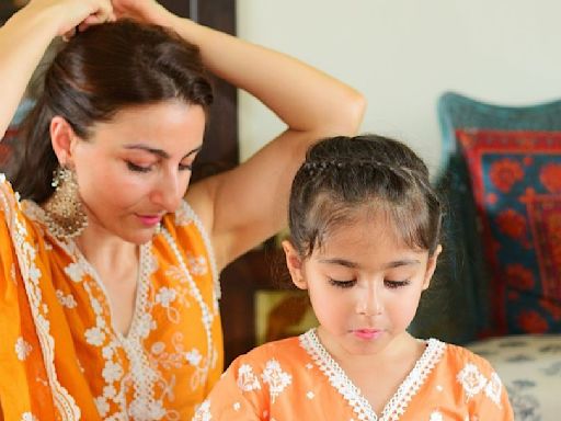 Photos: Soha Ali Khan, Daughter Inaaya Twin In Orange Ethnic Suits On Bakri Eid 2024
