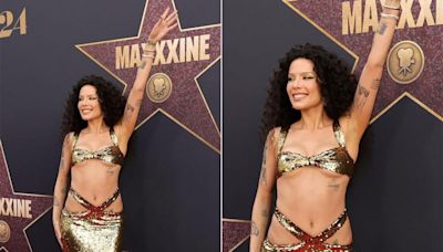 For MaXXXine Movie Premiere, Halsey In A Gold Sequin Cutout Gown Was Made To Make A Red Carpet Style Statement