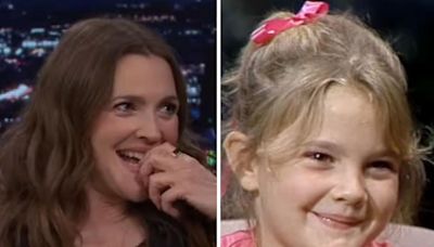 Jimmy Fallon surprises Drew Barrymore with a clip from her first 'Tonight Show' appearance in 1982: "My legs don't touch the ground"