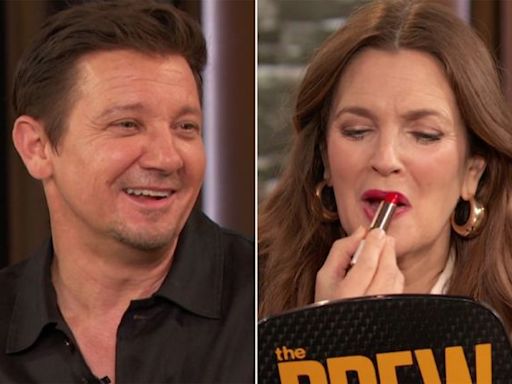 Jeremy Renner gives Drew Barrymore lipstick advice while recalling his days working at a cosmetics counter