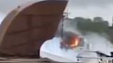 Moment Russian ship is 'taken out' and bursts into flames in attack