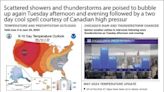 Scattered showers and thunderstorms are poised to bubble up again Tuesday afternoon and evening followed by a two day cool spell courtesy of Canadian high pressure