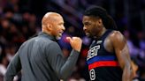 Detroit Pistons C Isaiah Stewart squares up with 76ers G Patrick Beverley pregame