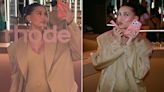 Pregnant Hailey Bieber Dresses Her Bump in Tan Dress and Matching Blazer at Rhode Pop-Up Event