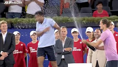 Moment: Friends in the end? Zverev soaks Fils in champagne after tense Hamburg final