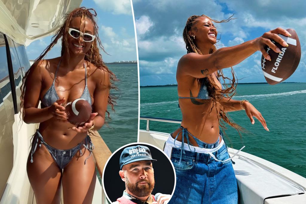 Travis Kelce’s ex Kayla Nicole shows off football skills in tiny bikini during boat day with friends