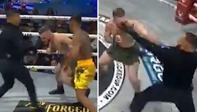 Bare-knuckle boxer is dazed so badly he starts fighting the ref in wild scenes