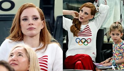 Jessica Chastain Shows Her Team USA Gymnastics Spirit in Ralph Lauren Knit at Paris Olympics With Daughter Giulietta...