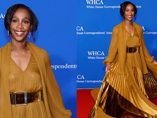 Abby Phillip Flows in Gold Pleated Dress by Sergio Hudson on White House Correspondents’ Dinner 2024 Red Carpet