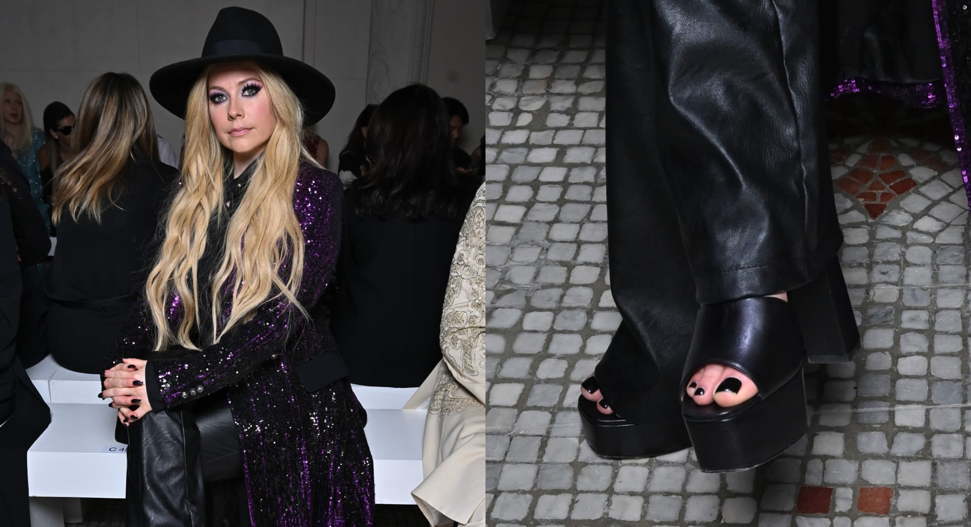 Avril Lavigne Elevates Her Step in Platform Leather Sandals at Elie Saab’s Couture Show During Paris Fashion Week