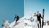 A bride and groom skied in their wedding attire after saying their vows on a snowy mountaintop