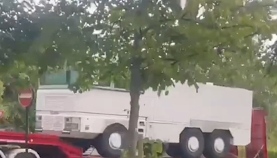 Two PSNI water-cannon trucks arriving to the Garda depot in the Phoenix Park