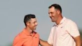 Rory McIlroy, left, speaks with top-ranked playing partner Scottie Scheffler after the first round of the US Open at Pinehurst, where Schefflr shot 71 and McIlroy shared the lead on 65