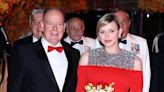 Princess Charlene Reworks Monaco’s Flag With Sparkling Details in Louis Vuitton Cold Shoulder Dress at F1 Monaco Grand...