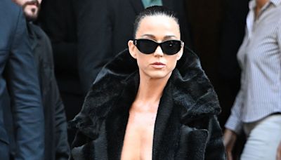 Katy Perry is topless in nothing but the lowest-rise ripped tights and an open jacket