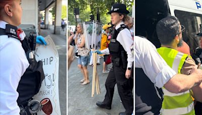 Police seize coconuts and arrest protesters outside court appearance of woman charged over placard