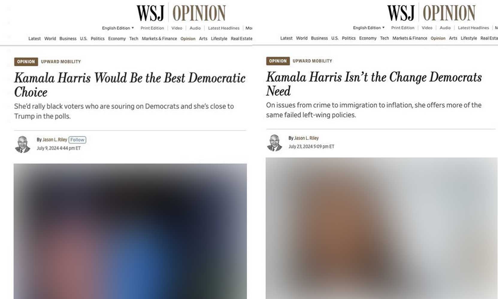 WSJ's 180-degree turn on Harris: From "best Democratic choice" to "not the change Democrats need" in just 14 days