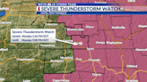 A Severe Thunderstorm Watch has been issued for the counties in pink