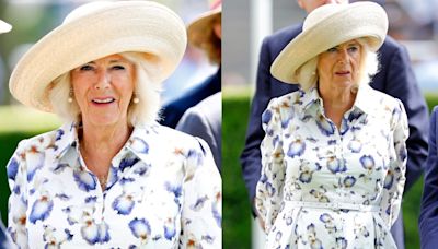 Queen Camilla Debuts Suzannah London Shirtdress With Maximalist Floral Prints for King George Day at Ascot Racecourse