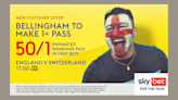 Sky Bet Euro 2024 offer: 50/1 on Bellingham 1+ pass for England vs Switzerland