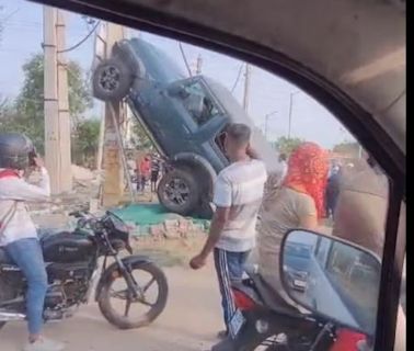 Thar SUV Drives Up Electric Pole After Being Hit By Sedan In Gurugram