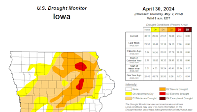 Rains from tornado-spawning storms shrink area of Iowa's 4-year drought, but fail to bust it