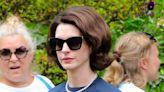 Anne Hathaway Goes Dark in ’60s Satin Dress, Pearls & Pointed Pumps to Film ‘Mother’s Instinct’