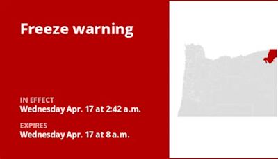 Foothills of the Northern Blue Mountains of Oregon under a freeze warning until Wednesday morning