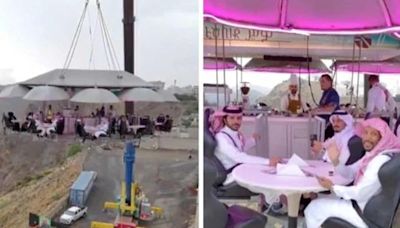 Video: Saudi Arabia's 'flying restaurant' dazzles visitors with crane-supported dining experience