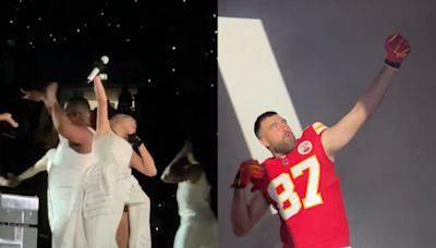 Taylor Swift reenacts boyfriend Travis Kelce’s bow and arrow move as he attends her London concert