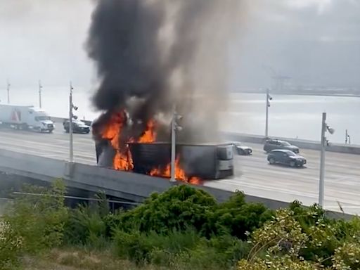 Burning semitrailer on SF's Bay Bridge causes major backup