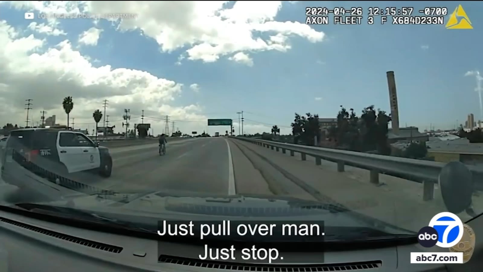 Dashcam video shows LAPD chasing attempted murder suspect riding bicycle on 5 Freeway