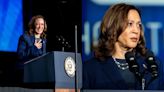 Kamala Harris Means Business in Navy Blue Suit With Irene Neuwirth Pearls for Houston Campaign Rally