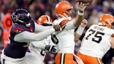 Houston Texans defensive tackle Maliek Collins pressures Cleveland Browns quarterback Joe Flacco during the third quarter...