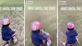 Little girl has the cutest reaction after riding her bicycle down a hill too fast