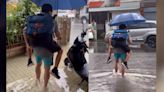 苗栗馬路淹水！爸揹兒涉水上學 民怨：10次大雨5次淹