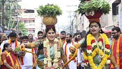 Devotees from Telangana offer Bonalu to Goddess Kanaka Durga in Vijayawada