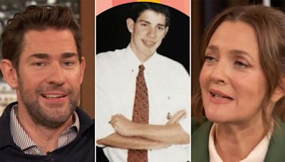 John Krasinski begs Drew Barrymore to "stop showing" his awkward high school photo