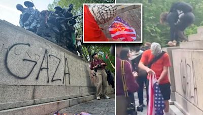 Anti-Israel protesters vandalize WWI memorial, burn American flag after cops block protesters from reaching star-studded Met Gala in NYC