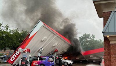 Farmington Hills gas station catches fire after canopy collapses