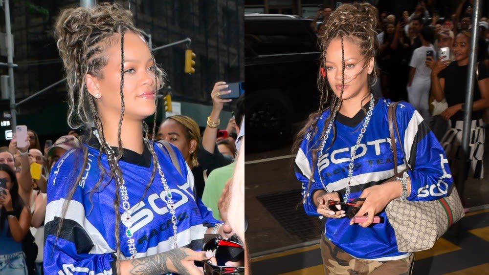 Rihanna Puts Luxe Spin on the Jersey Trend With Diamond Chain and Gucci Bag While Embracing Bohemian Blond Braids