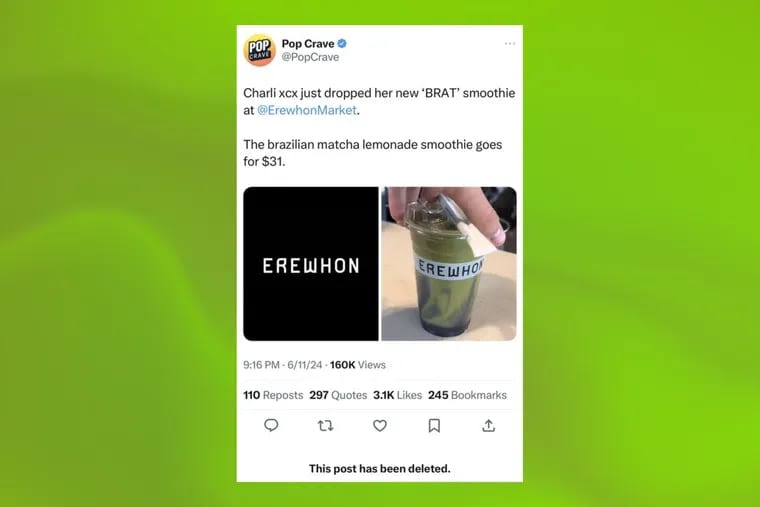 A fake Charli XCX ‘Brat’ Erewhon smoothie went viral thanks to a Pop Crave tweet and a spoof TikTok