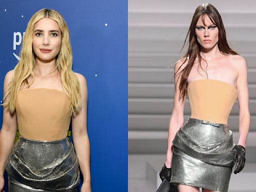 Emma Roberts Embraces Contrasting Fabrics in Strapless Versace Look for ‘Space Cadet’ Premiere