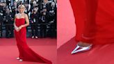 ...-Shine Silver Jimmy Choo Heels With Bold Red Sweetheart Dress at ‘Marcello Mio’ Cannes Red Carpet Premiere