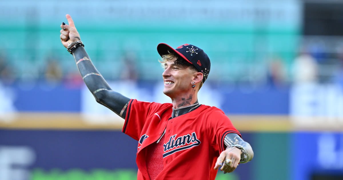 Machine Gun Kelly Throws Wild First Pitch Into Stands at Cleveland Guardians Game