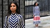 ...Murty Makes Vibrant Downing Street Exit With Ka-Sha Dress in National Flag Colors for U.K. Prime Minister Rishi Sunak...
