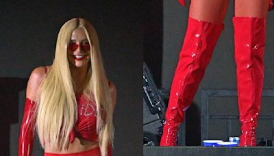 Kesha Takes the Stage in Striking Red Vinyl Thigh-High Boots at Planet Pride 2024 in New York